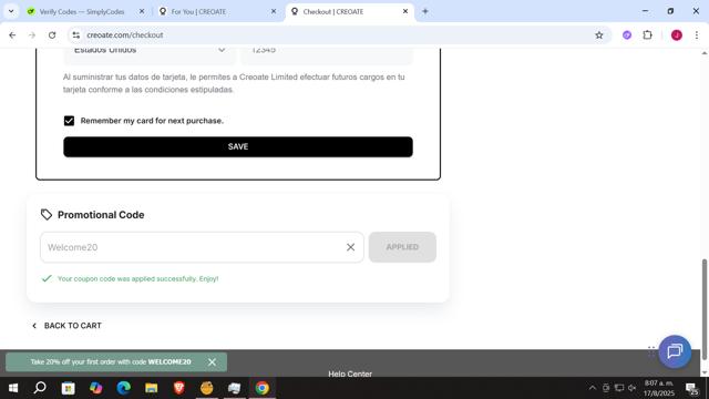 Creoate checkout page showing Creoate discount code box | Screenshot taken by SimplyCodes community member on Aug 17, 2025