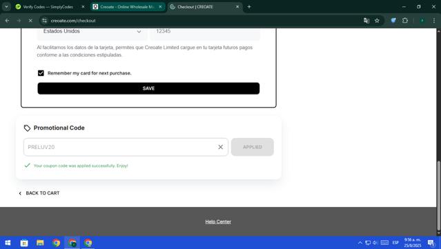 Creoate checkout page showing Creoate discount code box | Screenshot taken by SimplyCodes community member on Aug 25, 2025