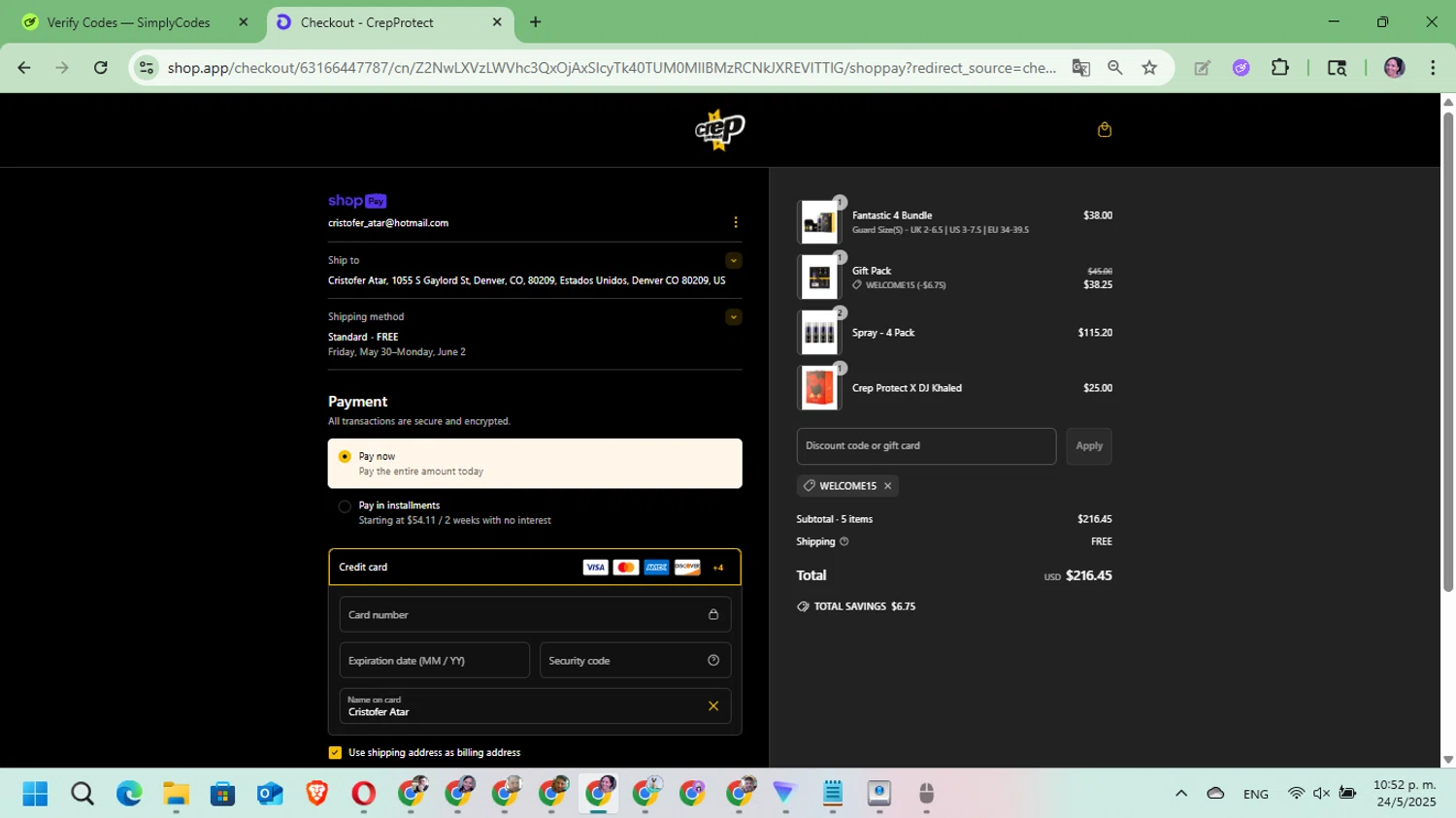 Crep Protect promo code screenshot showing code welcome15 applied at Crep Protect checkout page. Uploaded by SimplyCodes community member Mari_perez on May 25, 2025