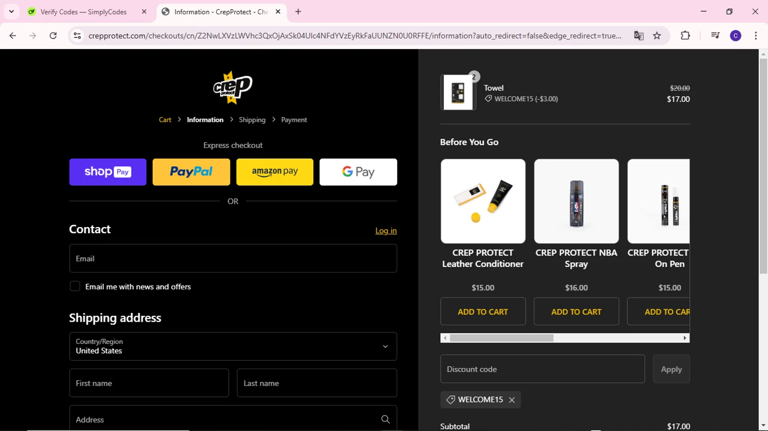 Crep Protect promo code screenshot showing code welcome15 applied at Crep Protect checkout page. Uploaded by SimplyCodes community member MoneyWizard2699 on Feb 17, 2025