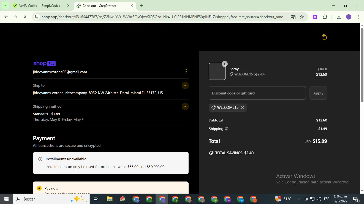 Crep Protect promo code screenshot showing code welcome15 applied at Crep Protect checkout page. Uploaded by SimplyCodes community member PromoHunter9043 on May 2, 2025