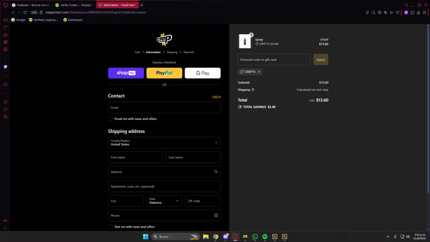 Crep Protect promo code screenshot showing code CREP15 applied at Crep Protect checkout page. Uploaded by SimplyCodes community member LuckyVoyager5522 on Aug 12, 2025