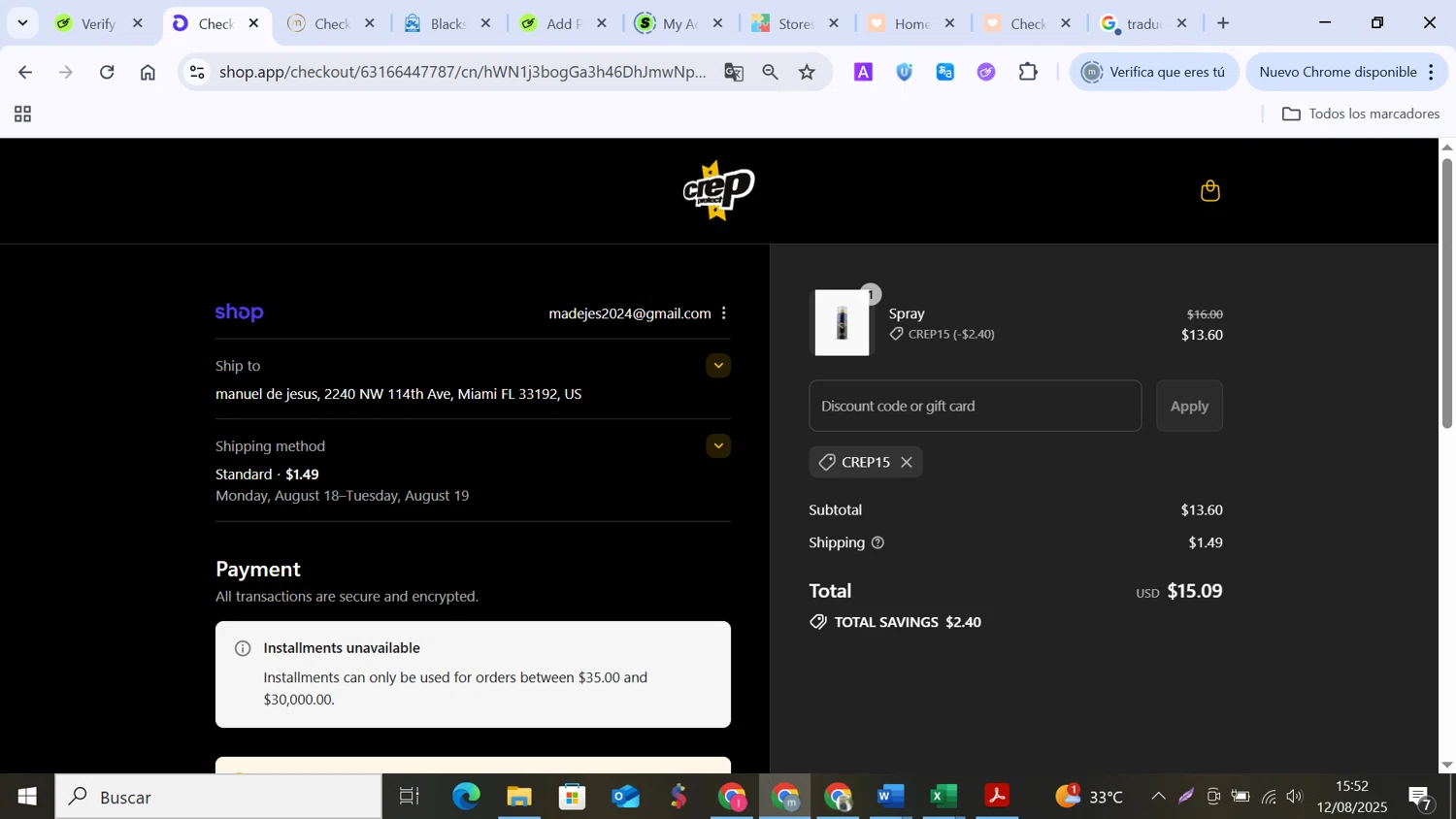 Crep Protect promo code screenshot showing code CREP15 applied at Crep Protect checkout page. Uploaded by SimplyCodes community member MANUELURBINA on Aug 12, 2025