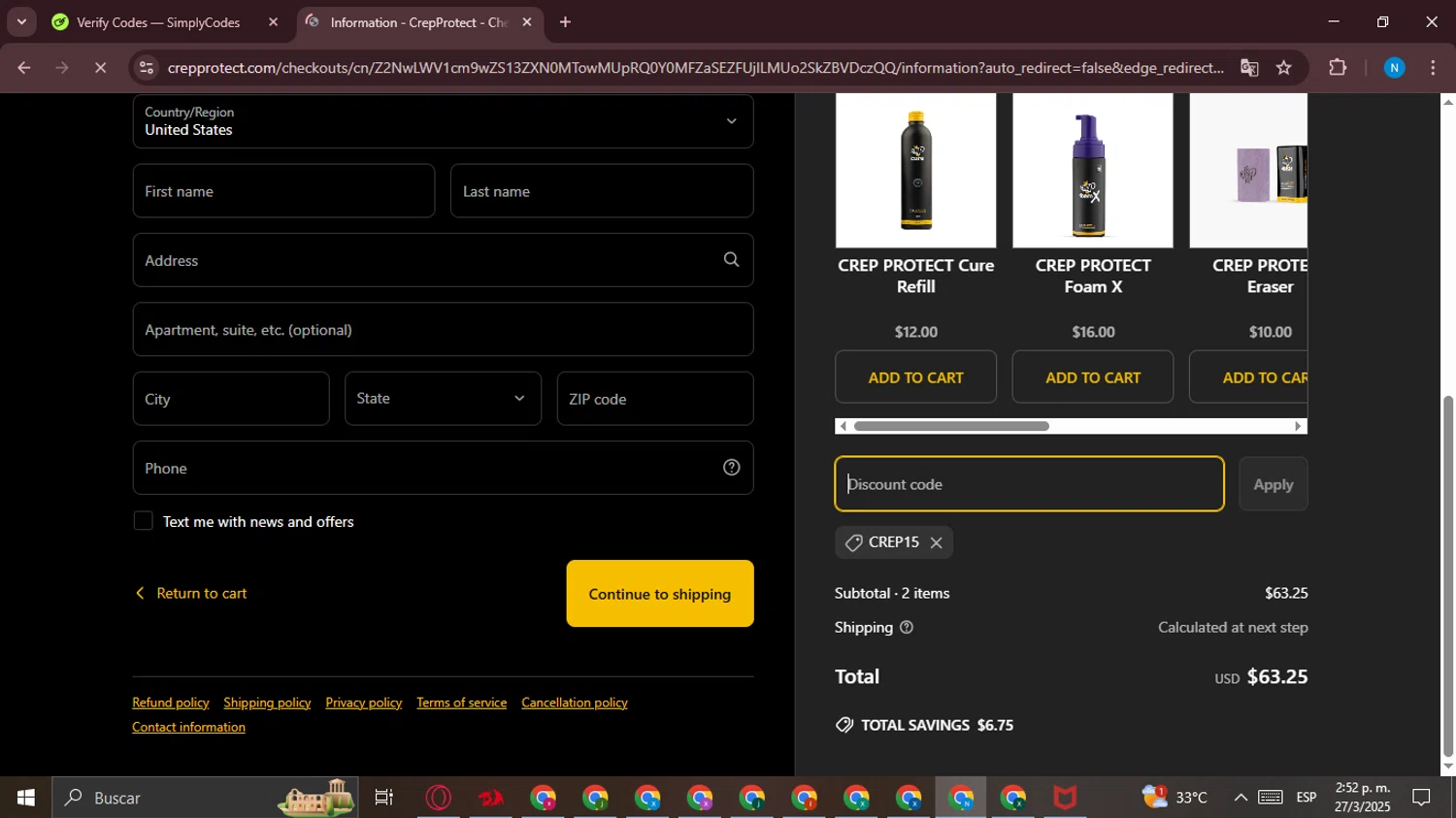 Crep Protect promo code screenshot showing code CREP15 applied at Crep Protect checkout page. Uploaded by SimplyCodes community member CashCollector6189 on Mar 27, 2025
