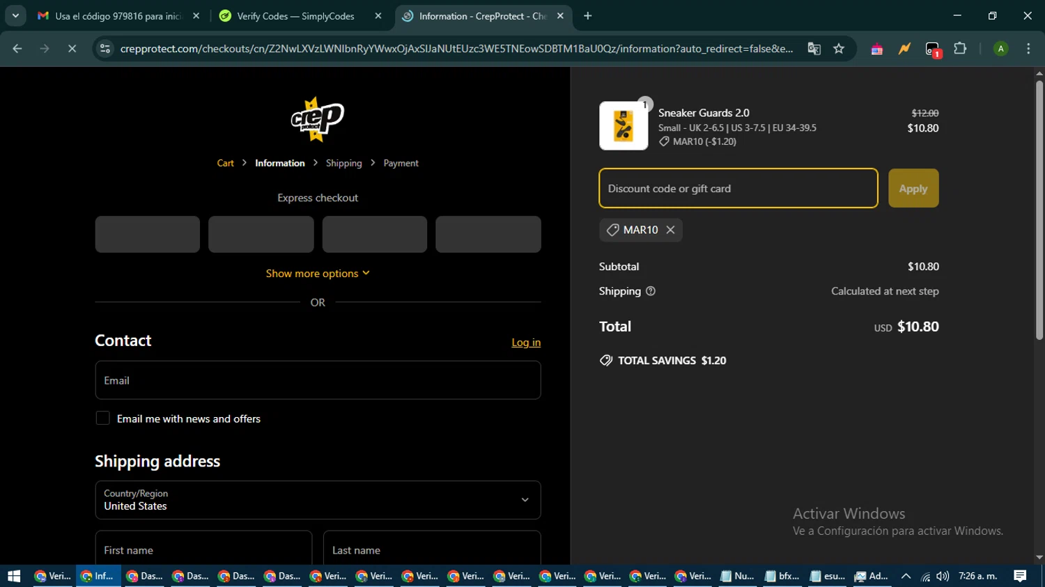 Crep Protect promo code screenshot showing code MAR10 applied at Crep Protect checkout page. Uploaded by SimplyCodes community member CashLynx5338 on Apr 16, 2025