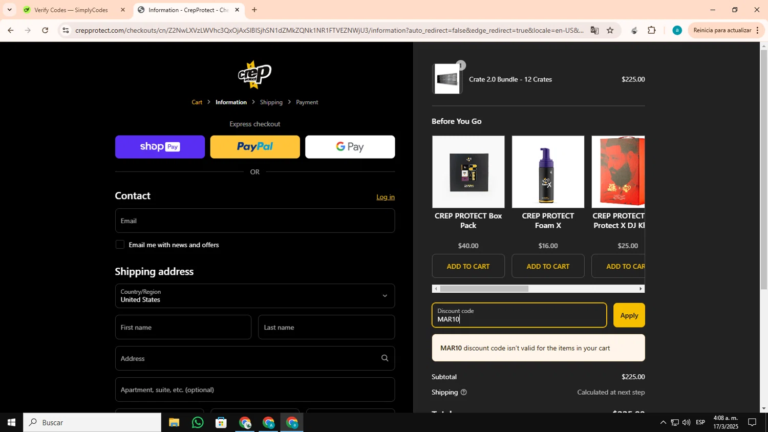Crep Protect promo code screenshot showing code MAR10 applied at Crep Protect checkout page. Uploaded by SimplyCodes community member CouponSage4959 on Mar 17, 2025