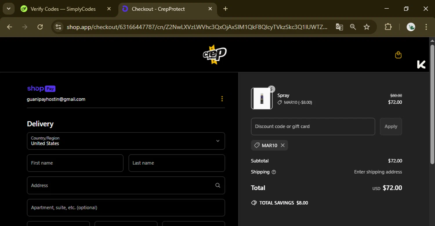 Crep Protect promo code screenshot showing code MAR10 applied at Crep Protect checkout page. Uploaded by SimplyCodes community member eltotiiiiiii on Apr 18, 2025