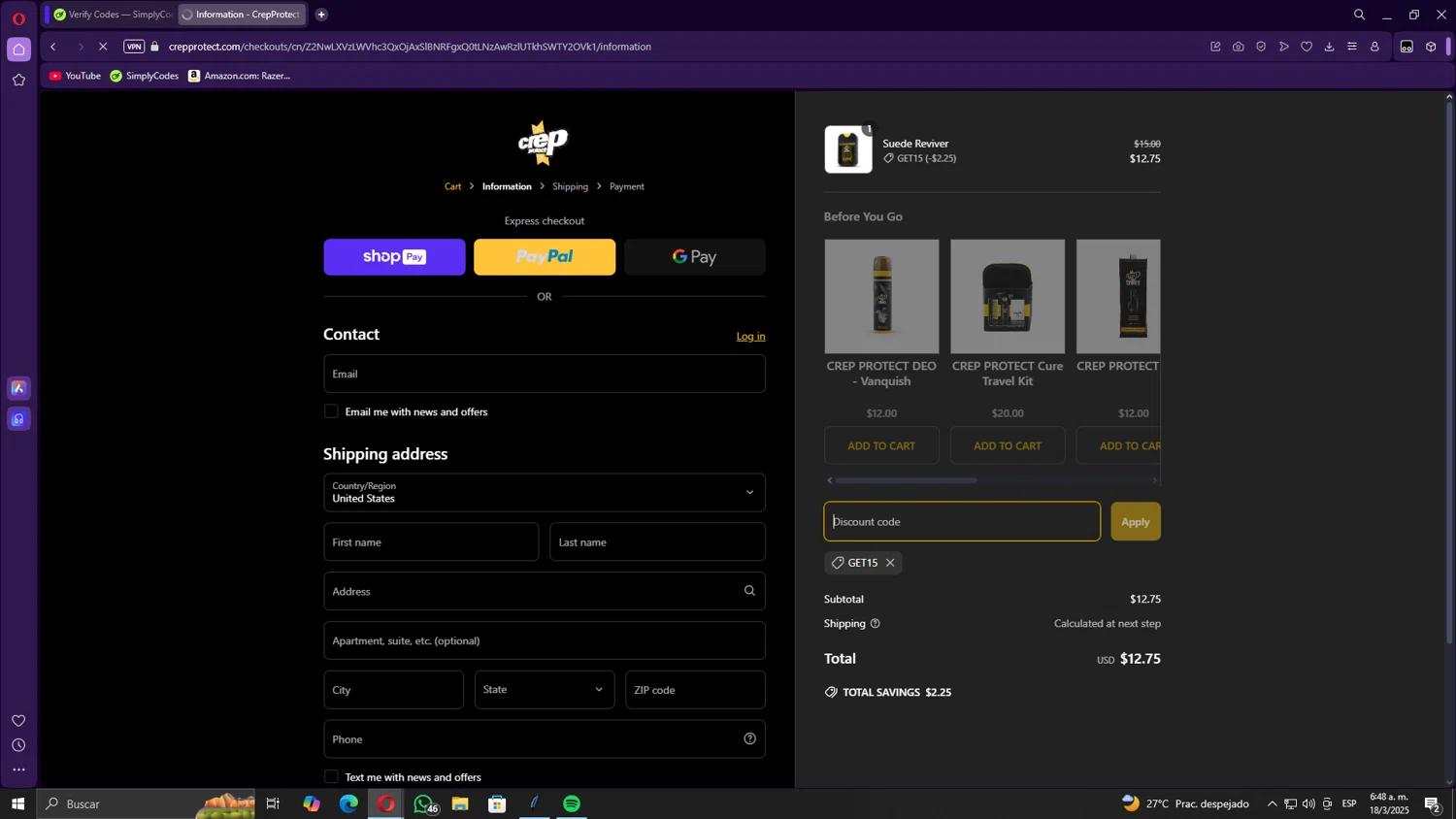 Crep Protect promo code screenshot showing code GET15 applied at Crep Protect checkout page. Uploaded by SimplyCodes community member Gojira on Mar 18, 2025