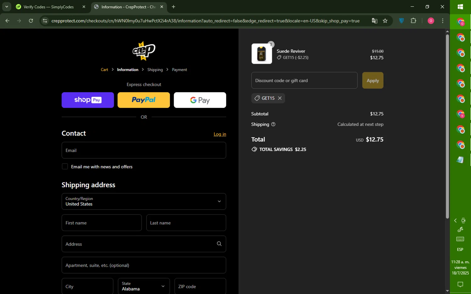 Crep Protect promo code screenshot showing code GET15 applied at Crep Protect checkout page. Uploaded by SimplyCodes community member LegendaryRanger6350 on Jul 18, 2025