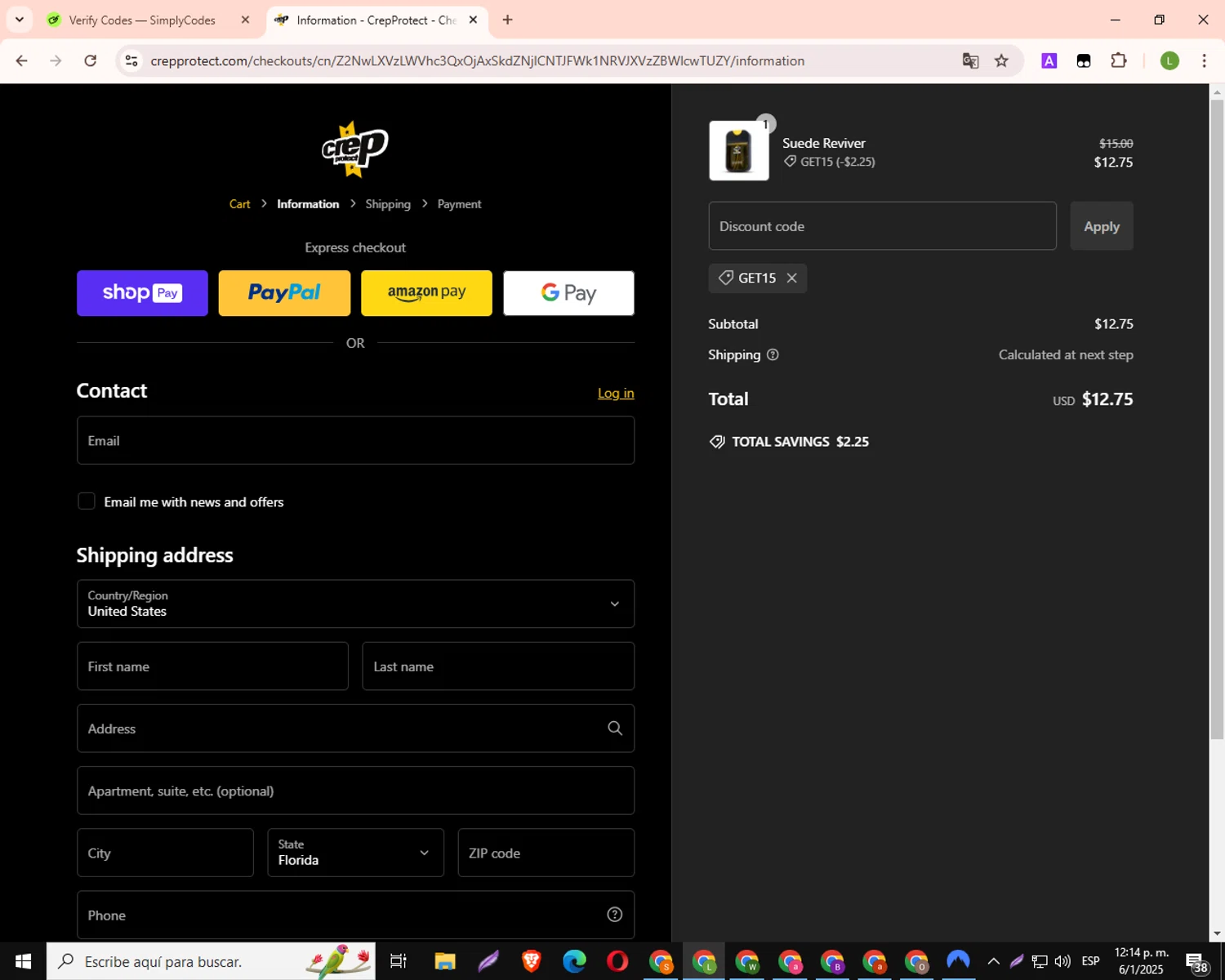 Crep Protect promo code screenshot showing code GET15 applied at Crep Protect checkout page. Uploaded by SimplyCodes community member SmartScout7874 on Jan 6, 2025