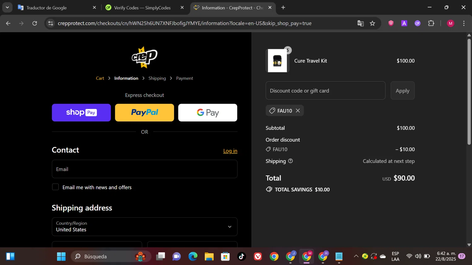 Crep Protect promo code screenshot showing code FAU10 applied at Crep Protect checkout page. Uploaded by SimplyCodes community member SwiftPioneer1769 on Aug 22, 2025