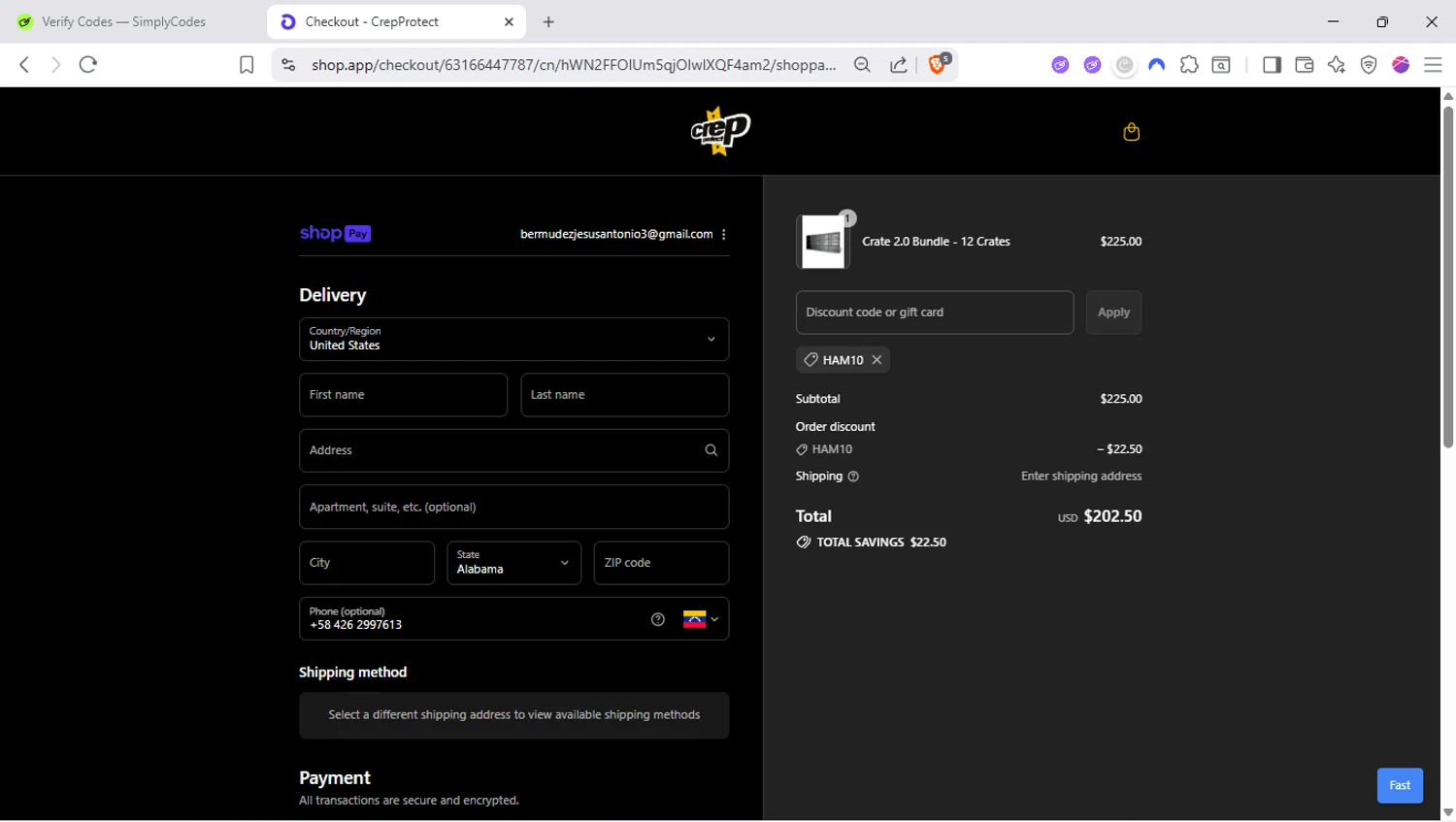 Crep Protect promo code screenshot showing code HAM10 applied at Crep Protect checkout page. Uploaded by SimplyCodes community member SapeGato on Aug 26, 2025