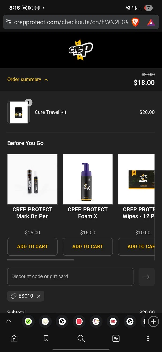 Crep Protect promo code screenshot showing code ESC10 applied at Crep Protect checkout page. Uploaded by SimplyCodes community member myke_suave on Aug 26, 2025