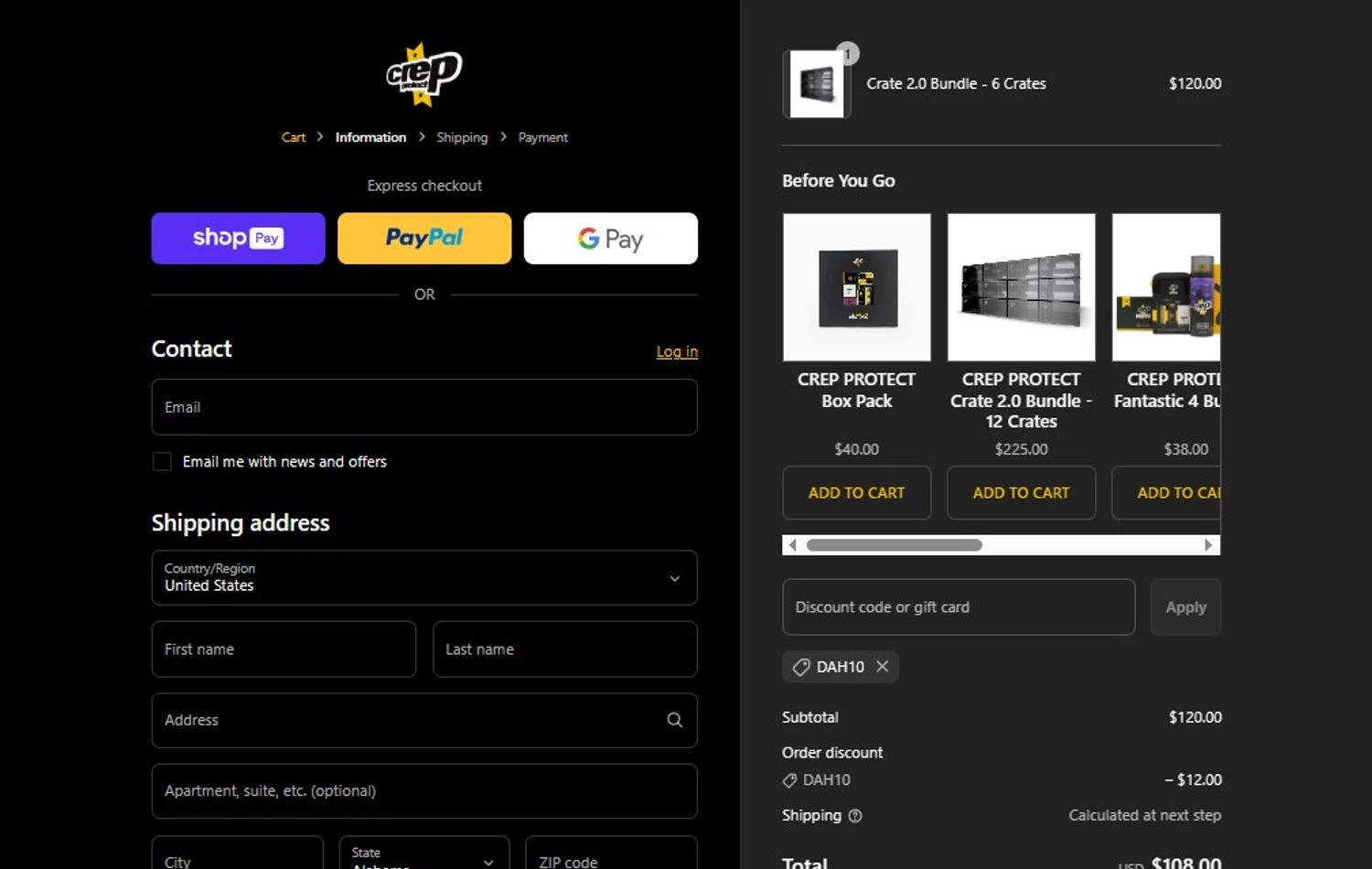 Crep Protect promo code screenshot showing code DAH10 applied at Crep Protect checkout page. Uploaded by SimplyCodes community member BargainRanger2568 on Aug 26, 2025