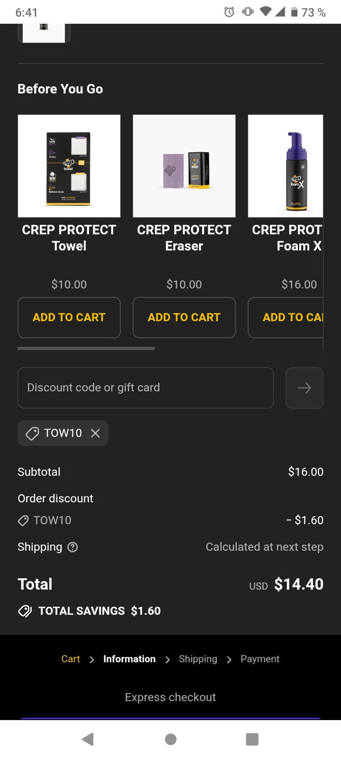 Crep Protect promo code screenshot showing code TOW10 applied at Crep Protect checkout page. Uploaded by SimplyCodes community member victor on Aug 22, 2025