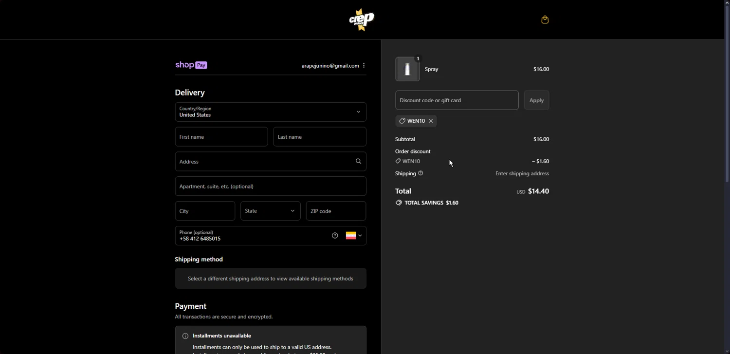 Crep Protect promo code screenshot showing code WEN10 applied at Crep Protect checkout page. Uploaded by SimplyCodes community member CoinMaestro864 on Jul 25, 2025
