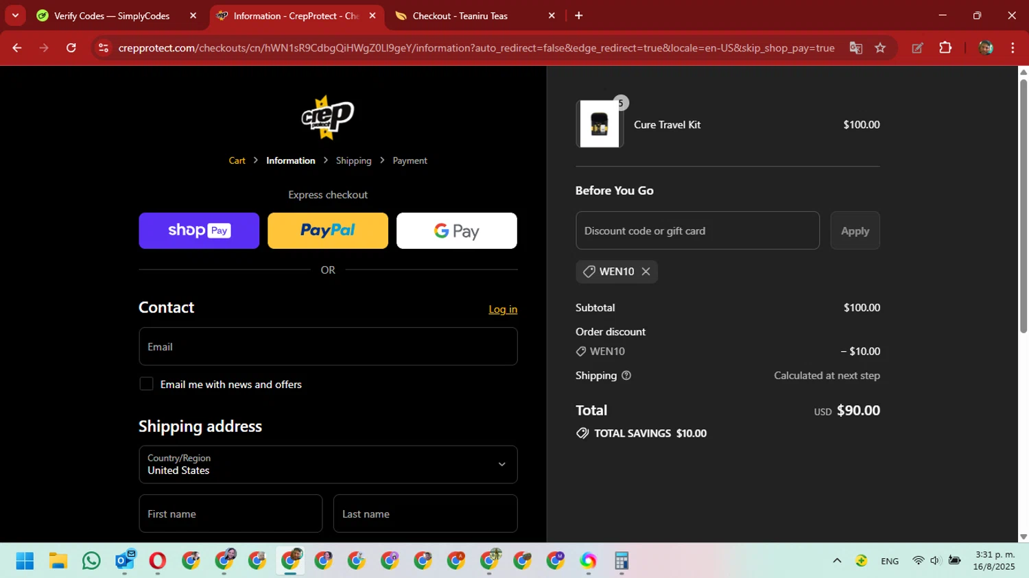 Crep Protect promo code screenshot showing code WEN10 applied at Crep Protect checkout page. Uploaded by SimplyCodes community member David_Gut_Sonic on Aug 16, 2025