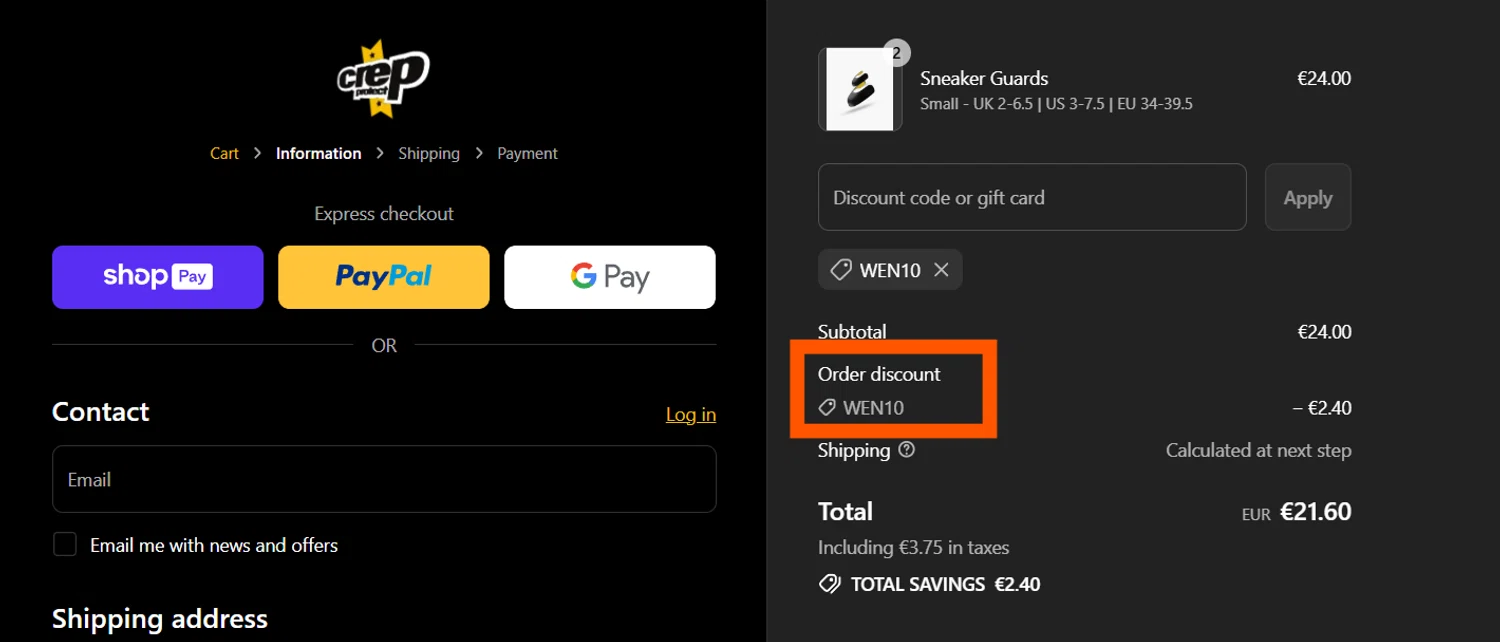 Crep Protect promo code screenshot showing code WEN10 applied at Crep Protect checkout page. Uploaded by SimplyCodes community member CleverSentinel4477 on Jul 25, 2025