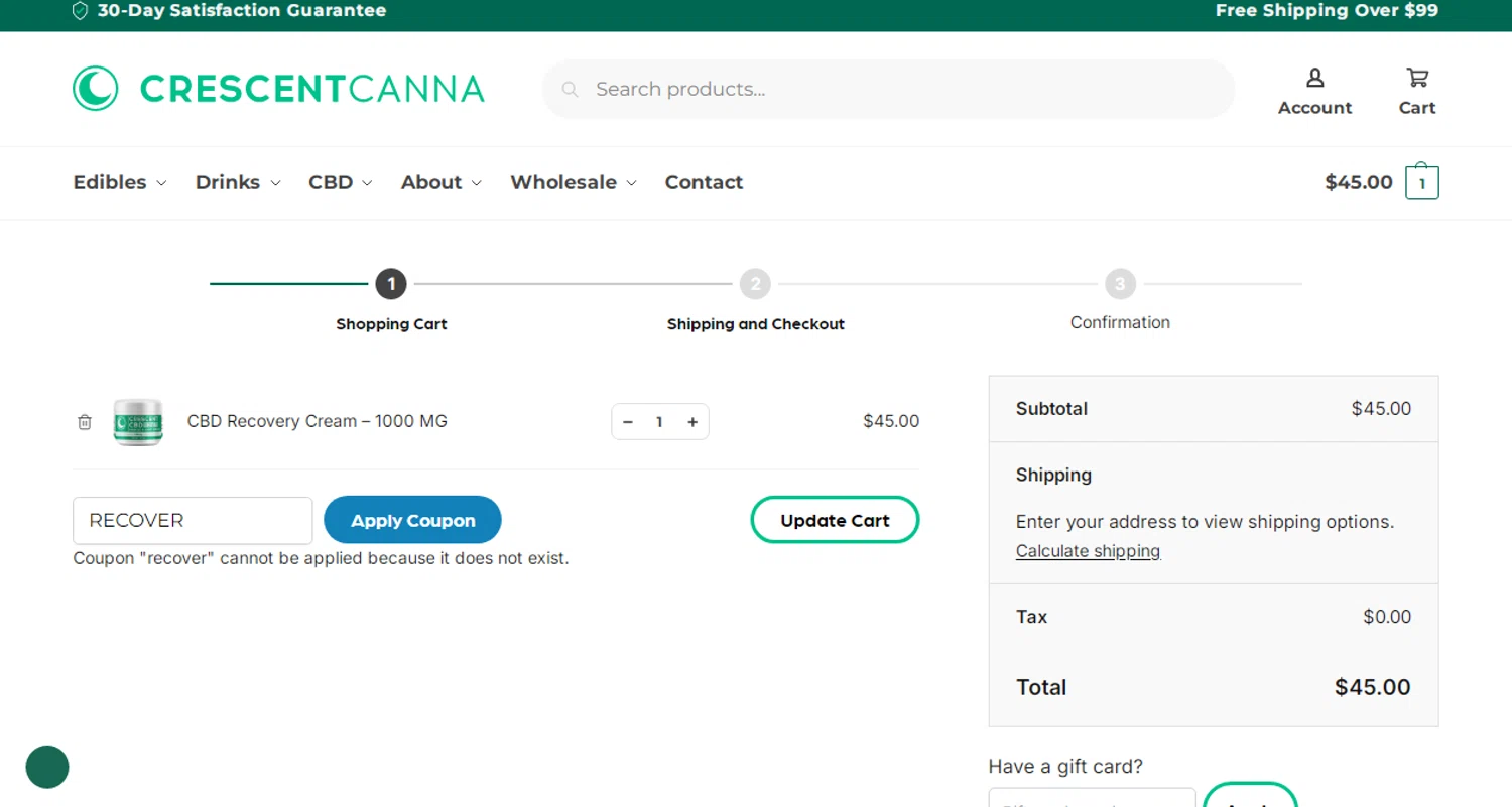 Crescent Canna coupon code screenshot showing code RECOVER applied at Crescent Canna checkout page. Uploaded by SimplyCodes community member Gonzalez010203 on Aug 14, 2025