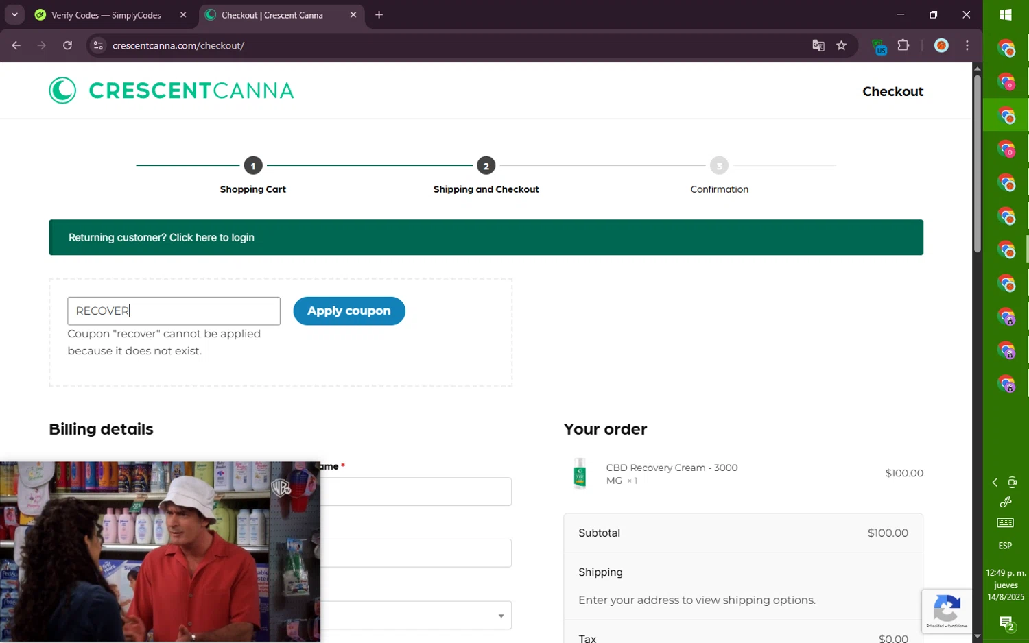 Crescent Canna coupon code screenshot showing code RECOVER applied at Crescent Canna checkout page. Uploaded by SimplyCodes community member PromoVoyager8446 on Aug 14, 2025