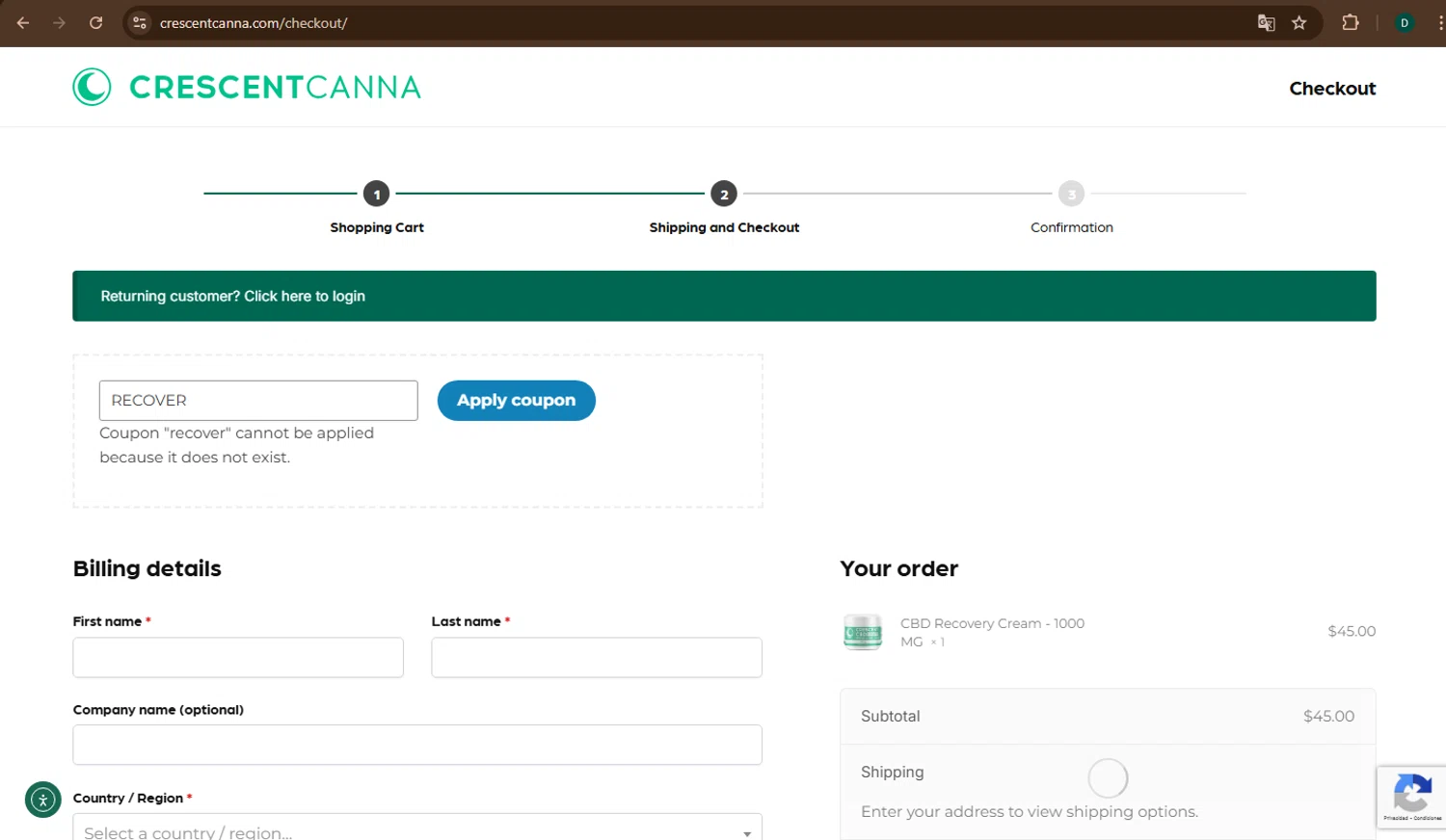 Crescent Canna coupon code screenshot showing code RECOVER applied at Crescent Canna checkout page. Uploaded by SimplyCodes community member drevin007 on Aug 14, 2025