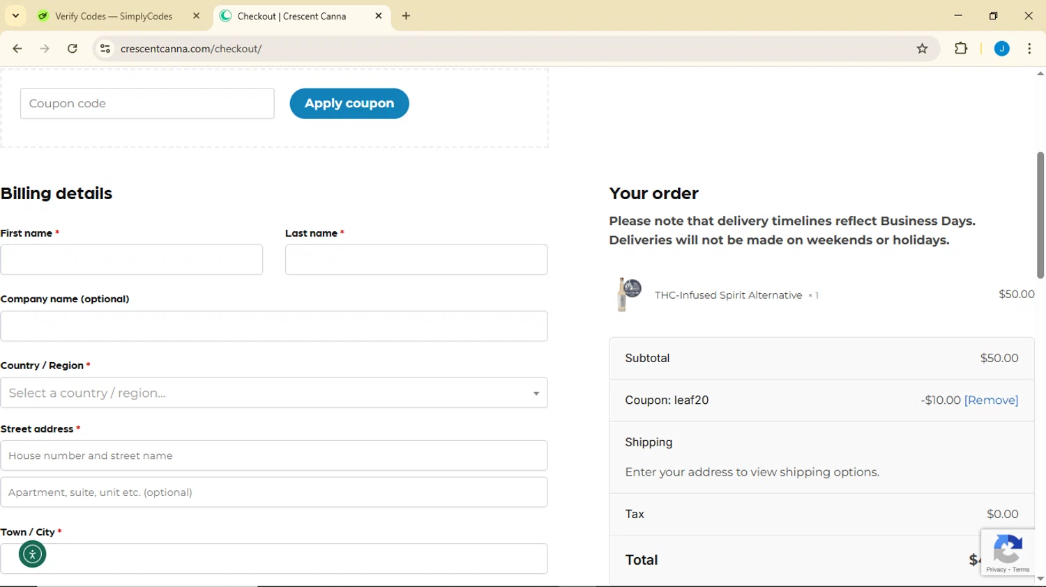 Crescent Canna checkout page showing Crescent Canna coupon code box | Screenshot taken by SimplyCodes community member on Jan 9, 2026