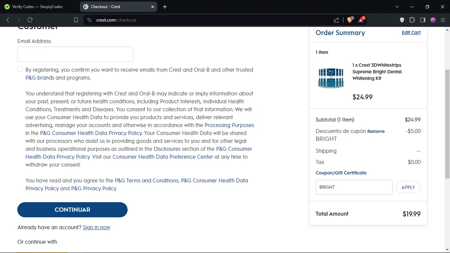 Crest checkout page showing Crest discount code box | Screenshot taken by SimplyCodes community member on May 26, 2024