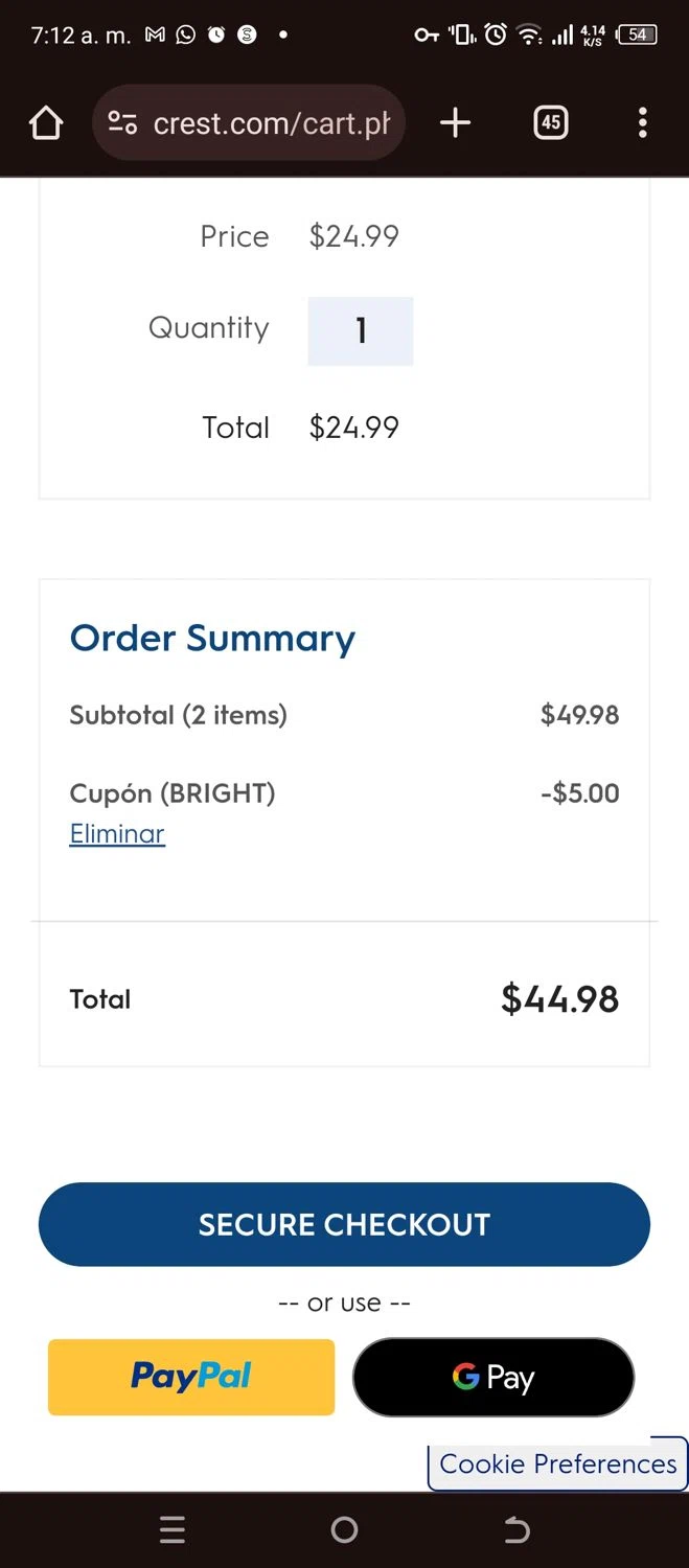 Crest checkout page showing Crest discount code box | Screenshot taken by SimplyCodes community member on Jun 1, 2024