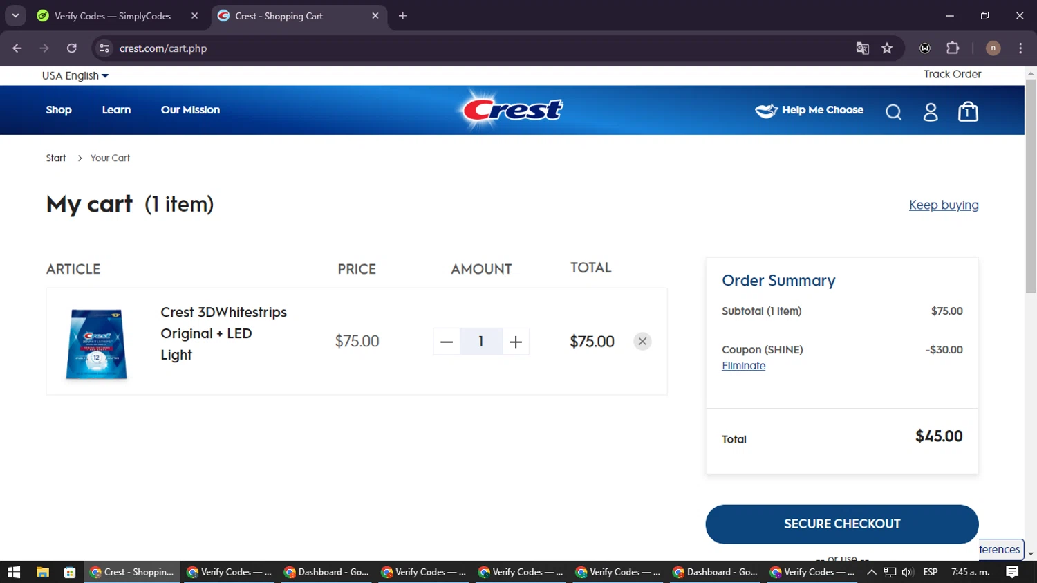 Crest checkout page showing Crest discount code box | Screenshot taken by SimplyCodes community member on May 8, 2024
