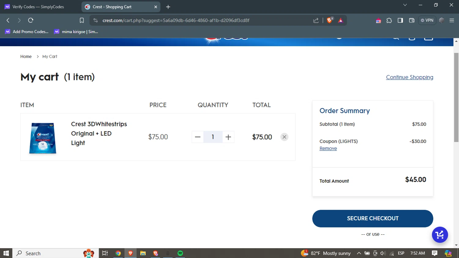 Crest checkout page showing Crest discount code box | Screenshot taken by SimplyCodes community member on Apr 15, 2024