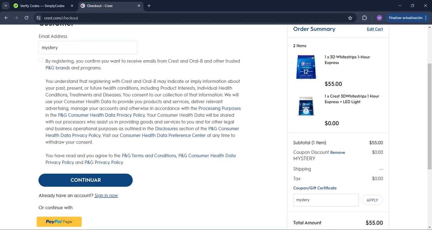 Crest checkout page showing Crest discount code box | Screenshot taken by SimplyCodes community member on May 1, 2024