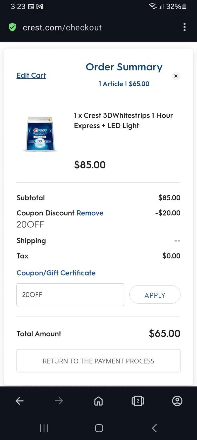 Crest checkout page showing Crest discount code box | Screenshot taken by SimplyCodes community member on Apr 20, 2024