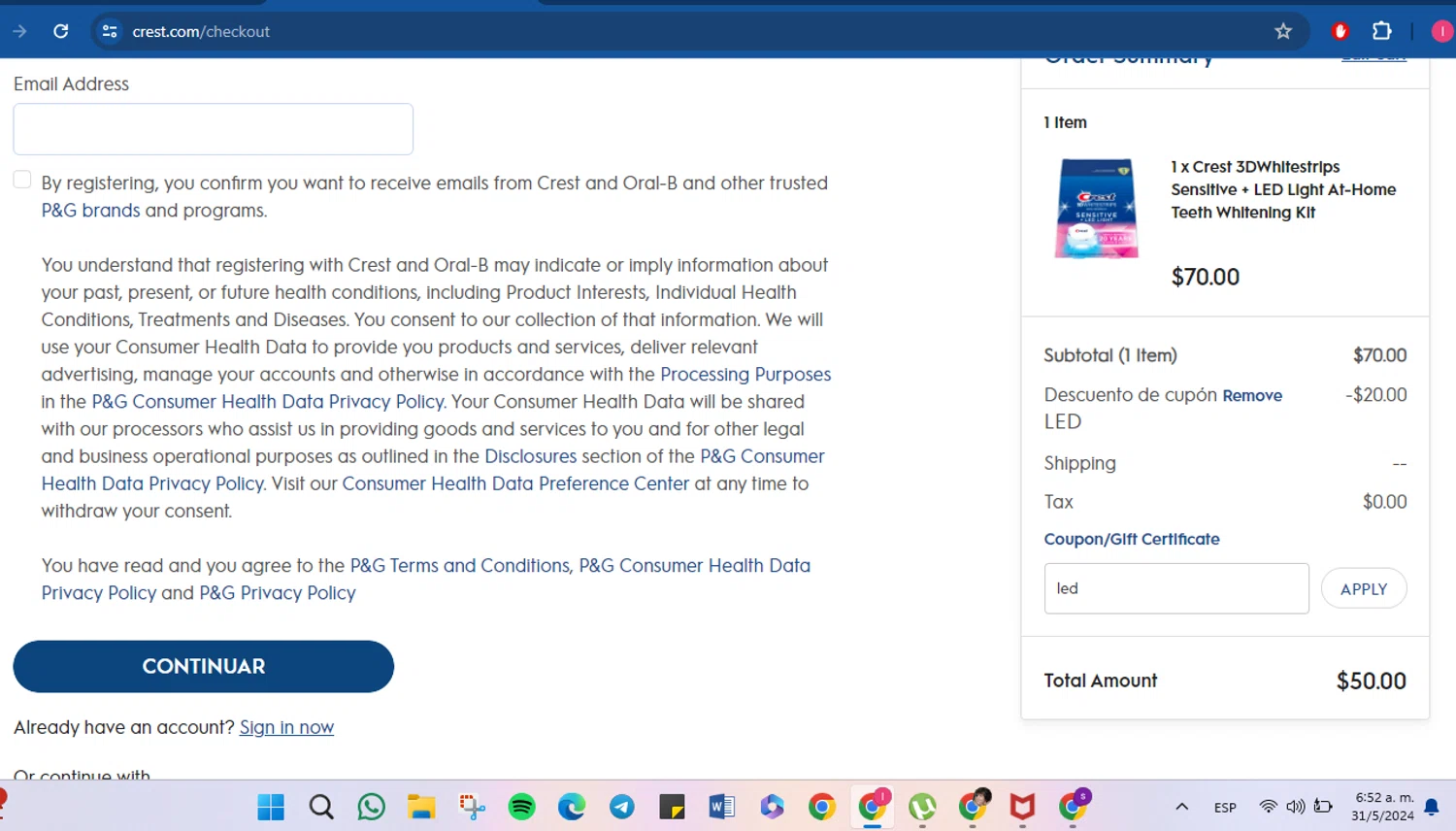 Crest checkout page showing Crest discount code box | Screenshot taken by SimplyCodes community member on May 31, 2024