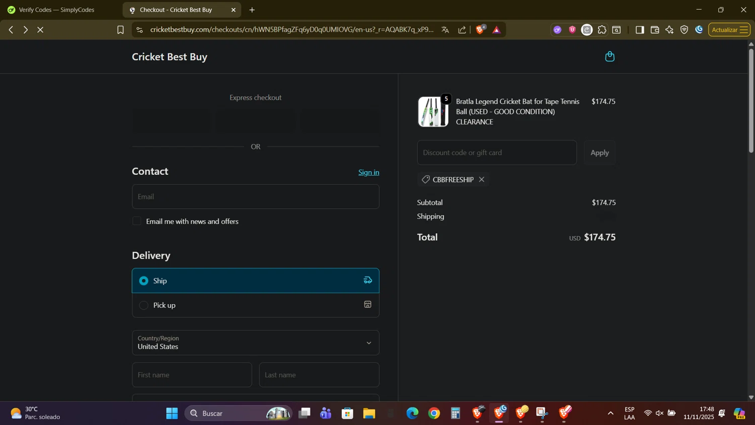 Cricket Best Buy coupon code screenshot showing code CBBFREESHIP applied at Cricket Best Buy checkout page. Uploaded by SimplyCodes community member DealAdmiral5466 on Nov 11, 2025