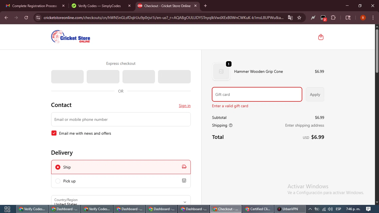 Cricket Store Online coupon code screenshot showing code WELCOME10 applied at Cricket Store Online checkout page. Uploaded by SimplyCodes community member DiscountExpert6435 on Nov 27, 2025