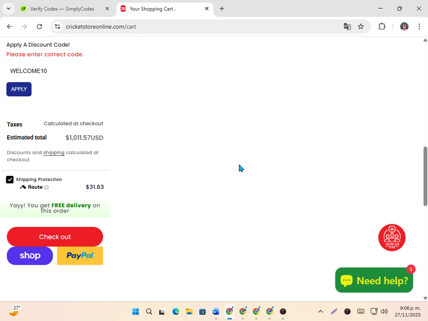 Cricket Store Online coupon code screenshot showing code WELCOME10 applied at Cricket Store Online checkout page. Uploaded by SimplyCodes community member karoline on Nov 28, 2025