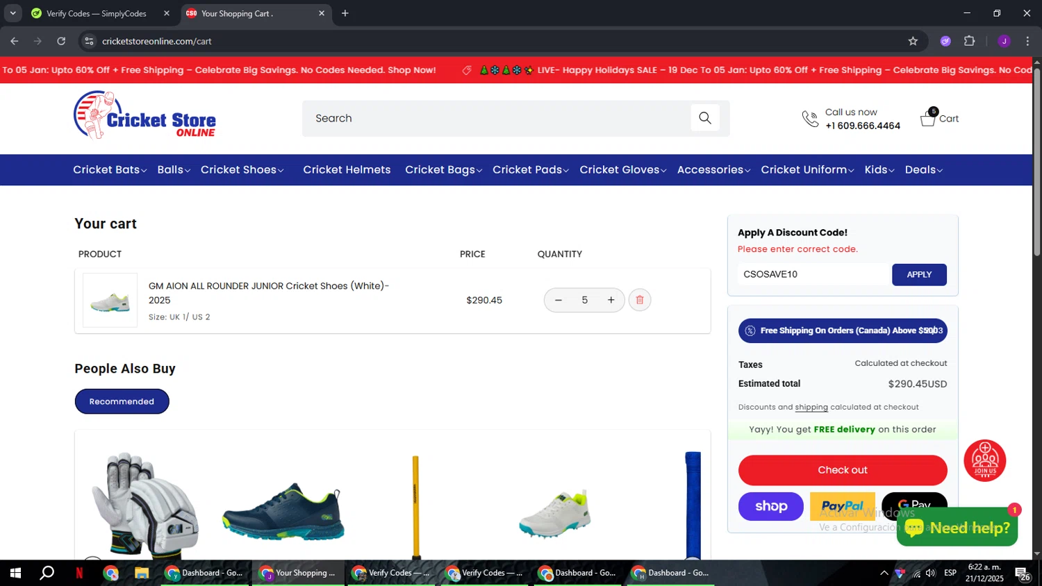 Cricket Store Online coupon code screenshot showing code CSOSAVE10 applied at Cricket Store Online checkout page. Uploaded by SimplyCodes community member ComeBurra123 on Dec 21, 2025
