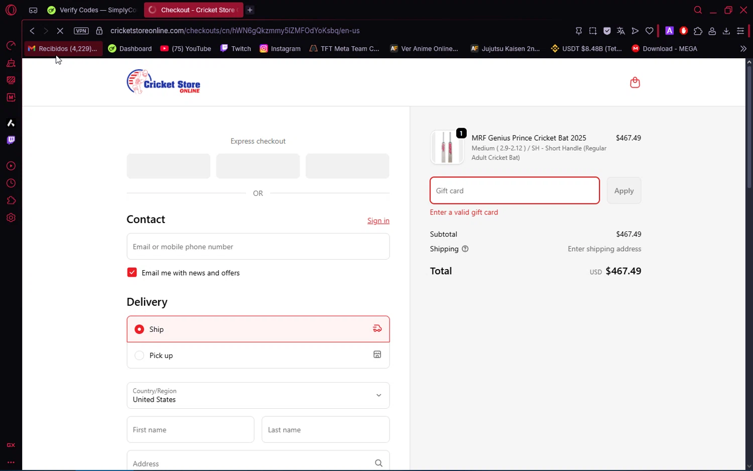 Cricket Store Online coupon code screenshot showing code CSOSAVE10 applied at Cricket Store Online checkout page. Uploaded by SimplyCodes community member editor_1 on Dec 21, 2025