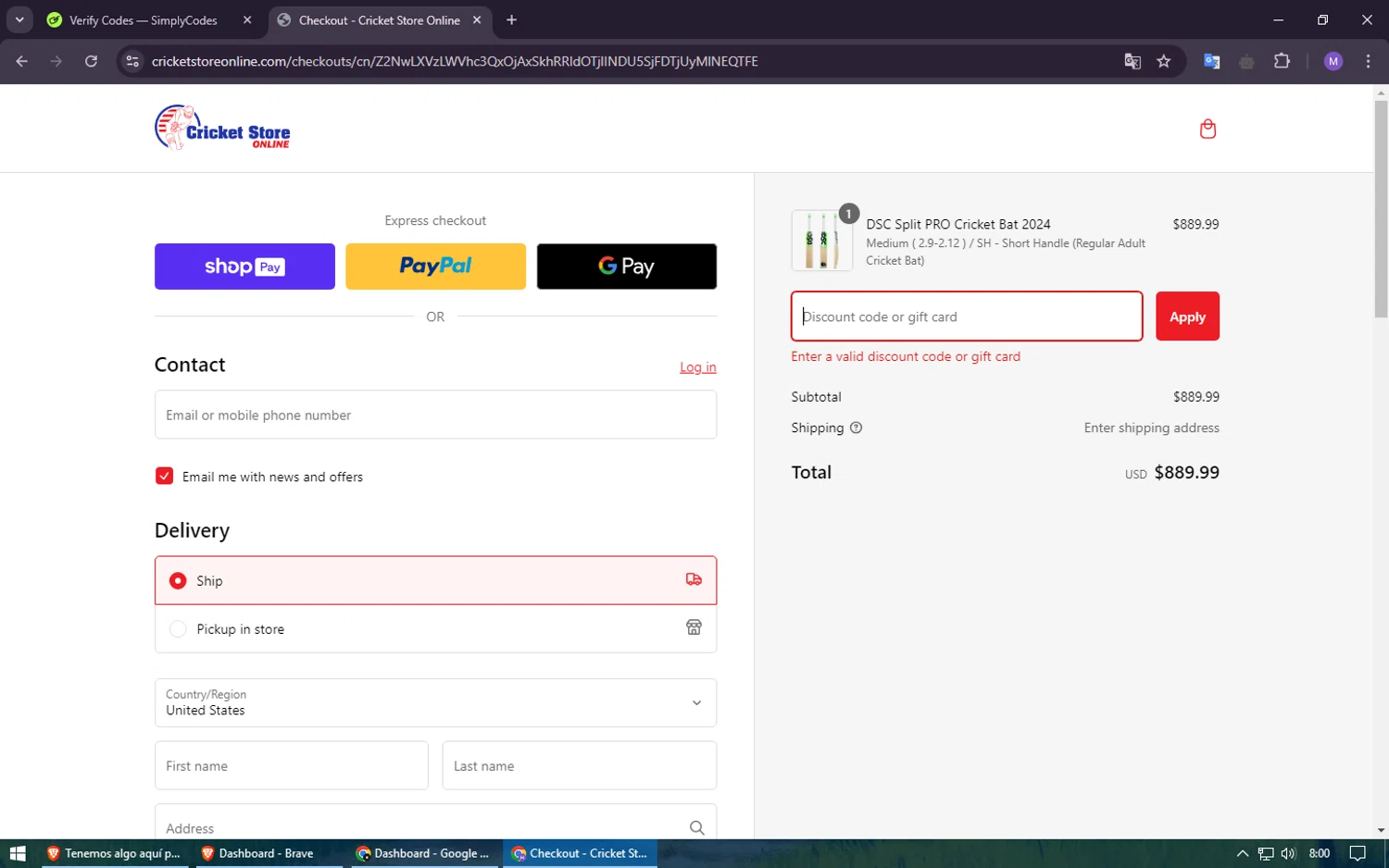 Cricket Store Online coupon code screenshot showing code RETURN10 applied at Cricket Store Online checkout page. Uploaded by SimplyCodes community member usuario500 on Jan 16, 2025