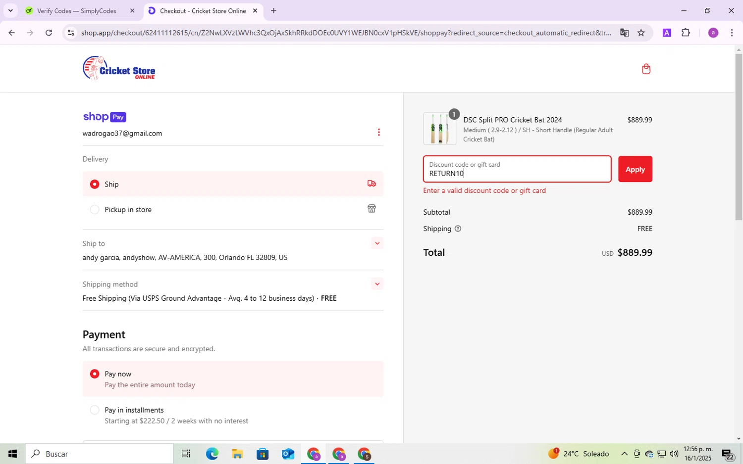 Cricket Store Online coupon code screenshot showing code RETURN10 applied at Cricket Store Online checkout page. Uploaded by SimplyCodes community member CodeMaverick246 on Jan 16, 2025