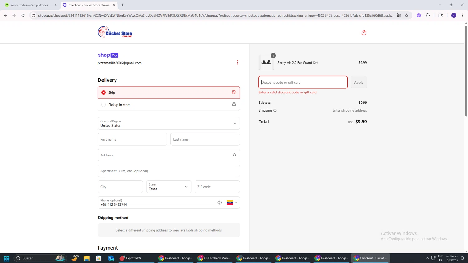 Cricket Store Online coupon code screenshot showing code MEMORIALDAY25 applied at Cricket Store Online checkout page. Uploaded by SimplyCodes community member AberthGotopo on Jun 6, 2025