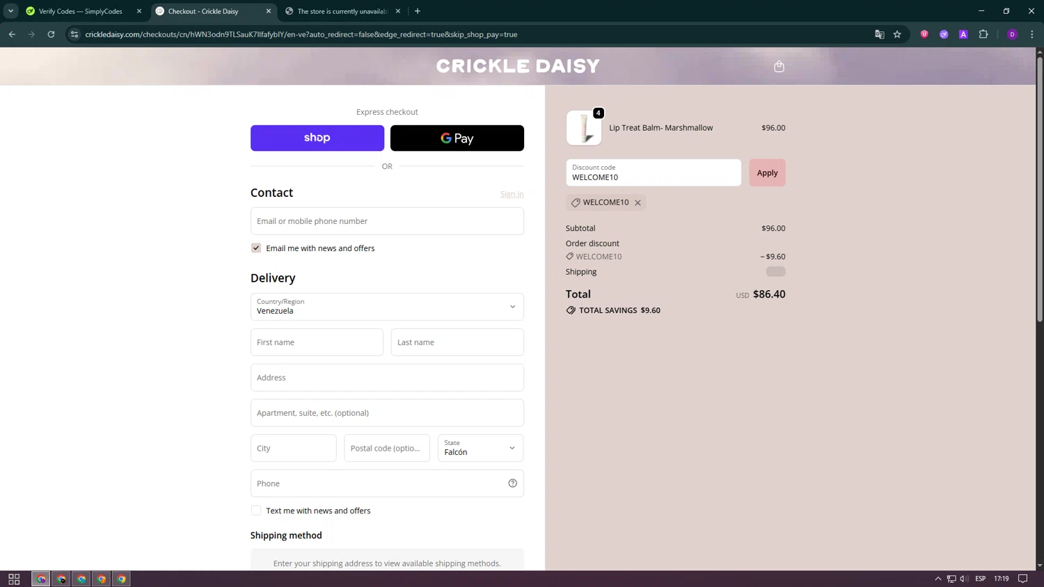 Crickle Daisy promo code screenshot showing code WELCOME10 applied at Crickle Daisy checkout page. Uploaded by SimplyCodes community member ValueWhiz5630 on Oct 6, 2025
