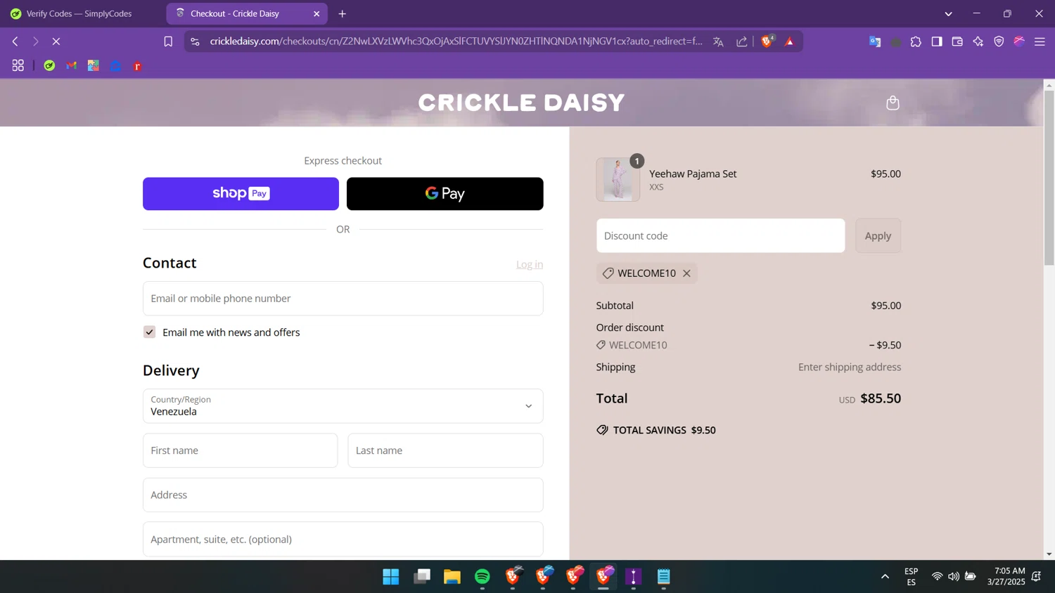 Crickle Daisy promo code screenshot showing code WELCOME10 applied at Crickle Daisy checkout page. Uploaded by SimplyCodes community member luigii on Mar 27, 2025