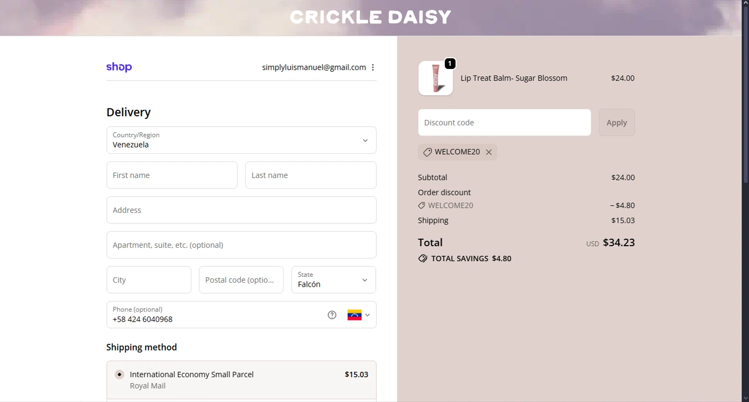 Crickle Daisy promo code screenshot showing code WELCOME20 applied at Crickle Daisy checkout page. Uploaded by SimplyCodes community member MoneyScout2554 on Nov 14, 2025