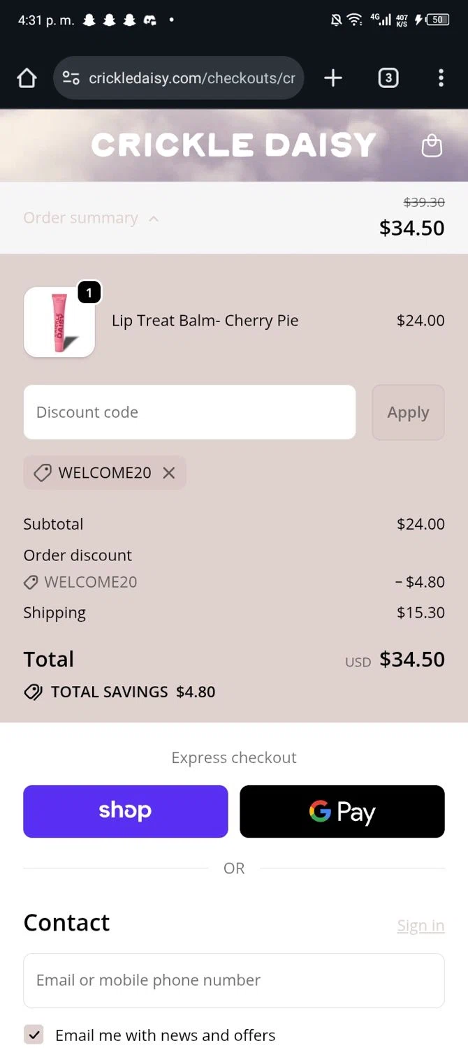 Crickle Daisy promo code screenshot showing code WELCOME20 applied at Crickle Daisy checkout page. Uploaded by SimplyCodes community member Nickurtdale on Oct 22, 2025