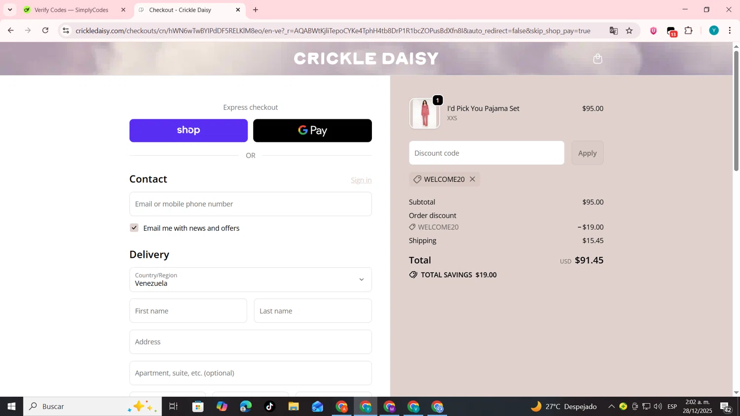 Crickle Daisy promo code screenshot showing code WELCOME20 applied at Crickle Daisy checkout page. Uploaded by SimplyCodes community member codygakpo on Dec 28, 2025