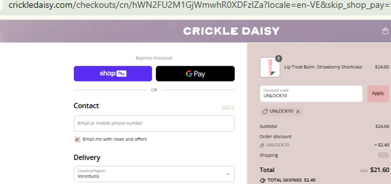Crickle Daisy promo code screenshot showing code UNLOCK10 applied at Crickle Daisy checkout page. Uploaded by SimplyCodes community member CashMaestro9337 on Aug 26, 2025