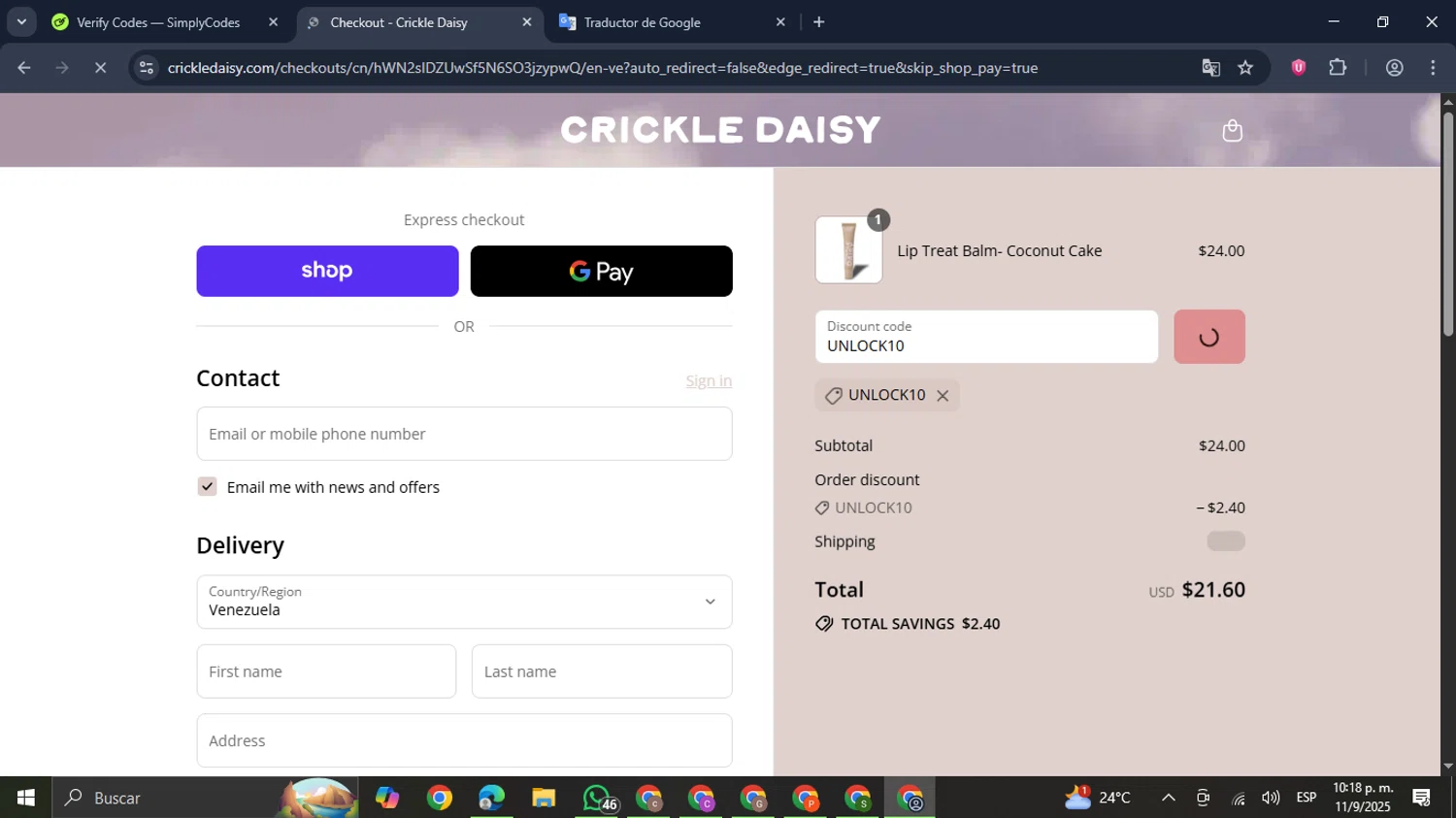 Crickle Daisy promo code screenshot showing code UNLOCK10 applied at Crickle Daisy checkout page. Uploaded by SimplyCodes community member GloriousDefender7889 on Sep 12, 2025