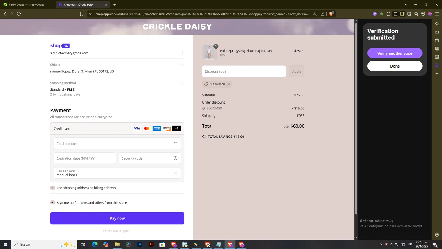 Crickle Daisy promo code screenshot showing code BLOOM20 applied at Crickle Daisy checkout page. Uploaded by SimplyCodes community member DiscountExpert556 on Apr 26, 2025