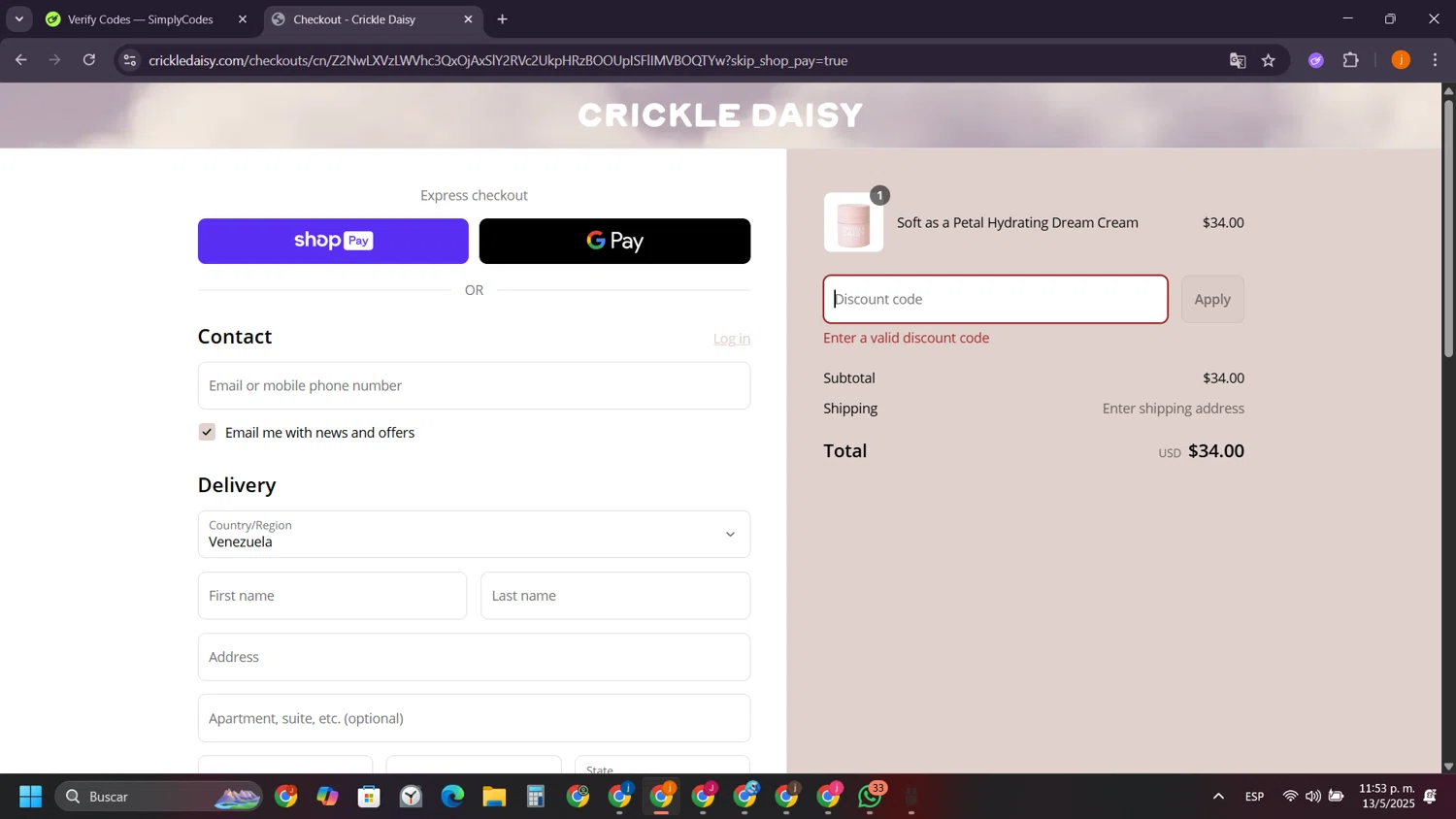 Crickle Daisy promo code screenshot showing code MOM20 applied at Crickle Daisy checkout page. Uploaded by SimplyCodes community member SilverSentinel5952 on May 14, 2025